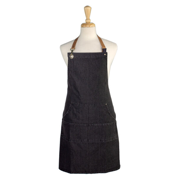 Denim Bib Apron with Leather Halter (with pockets) Thumbnail