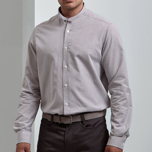 Gents Long Sleeve Mandarin Collar Striped Oxford Shirt Thumbnail