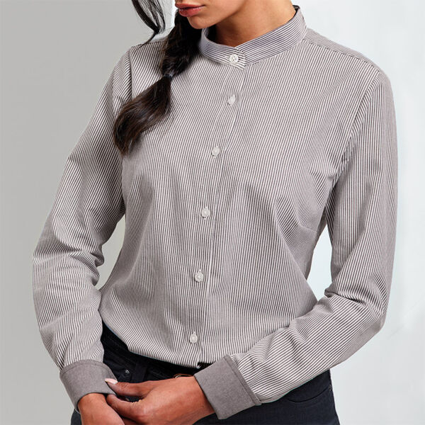 Ladies Long Sleeve Mandarin Collar Striped Oxford Shirt Thumbnail