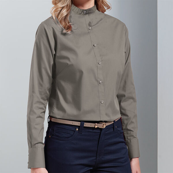 Ladies Long Sleeve Mandarin Collar Poplin Shirt Thumbnail